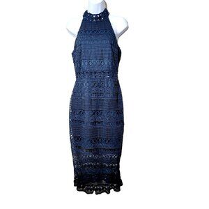 TwoSisters The Label Dress Sz 8/L Blue Crochet Midi Cocktail Fitted Sexy Halter